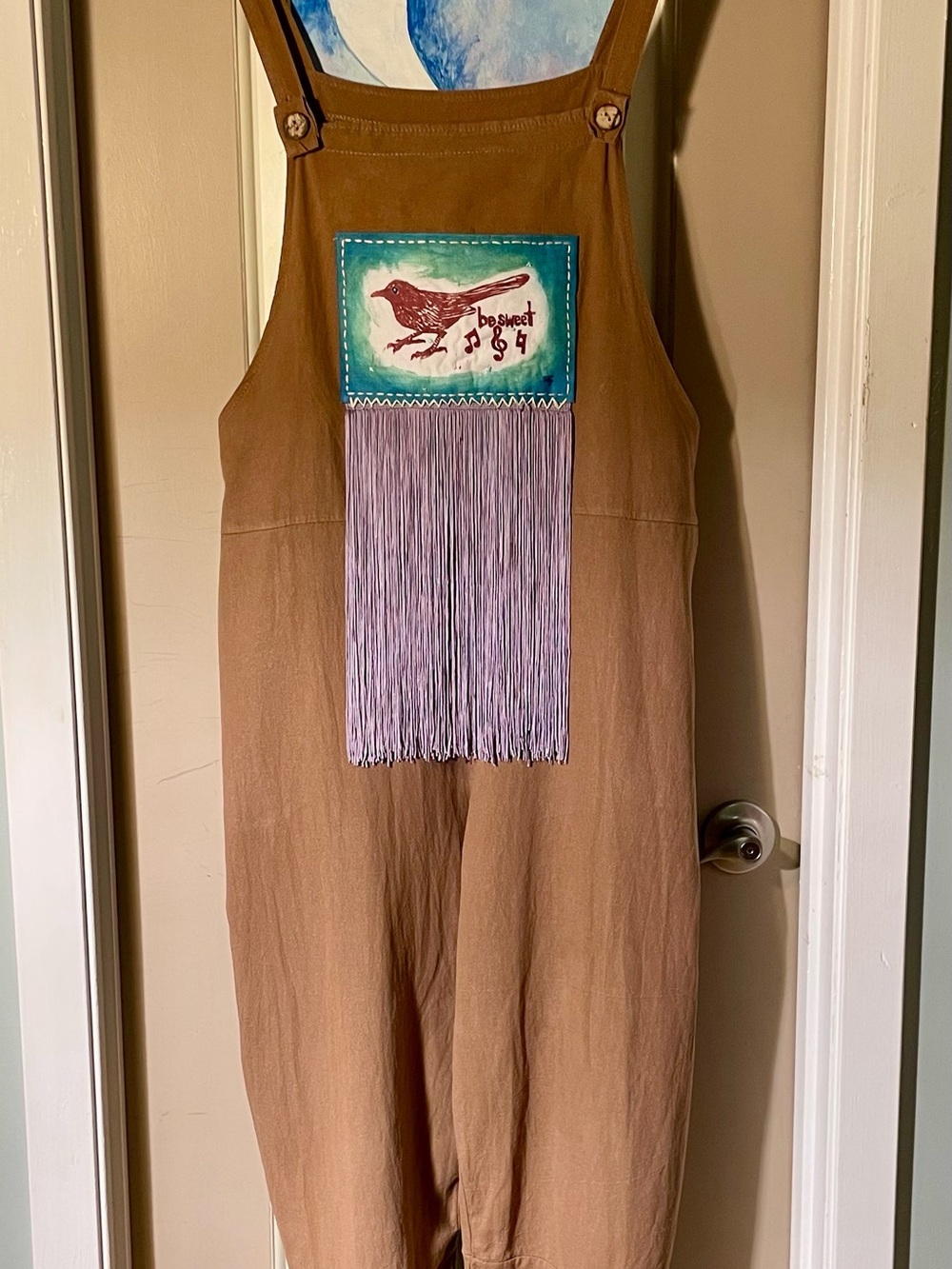Cotton Bib Overalls with Handmade Bird Patch and Disco Fringe